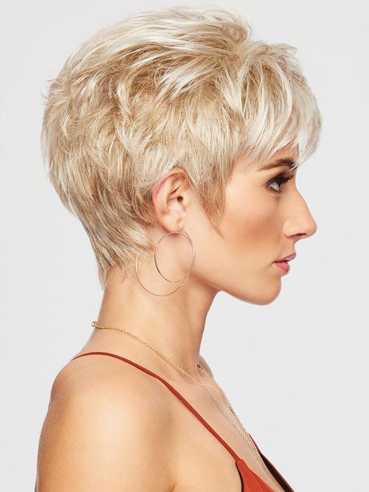 This short, face-framing cut includes all over layers and a tapered neck lines