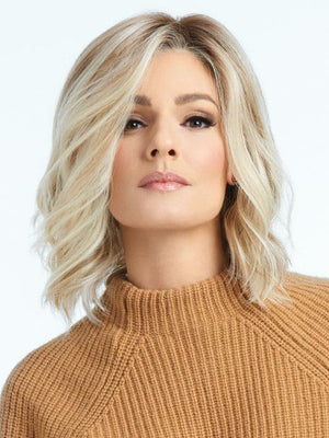 SIMMER in RL19/23 SHADED BISCUIT | Light Ash Blonde Evenly Blended with Cool Platinum Blonde with Dark Roots (Model wearing Simmer w/a wefted back)
