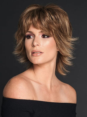 APPLAUSE by RAQUEL WELCH in R11S+ GLAZED MOCHA | Warm Medium Brown with Golden Blonde Highlights on Top (Style has been blow dried and shaping creme was used for this look)