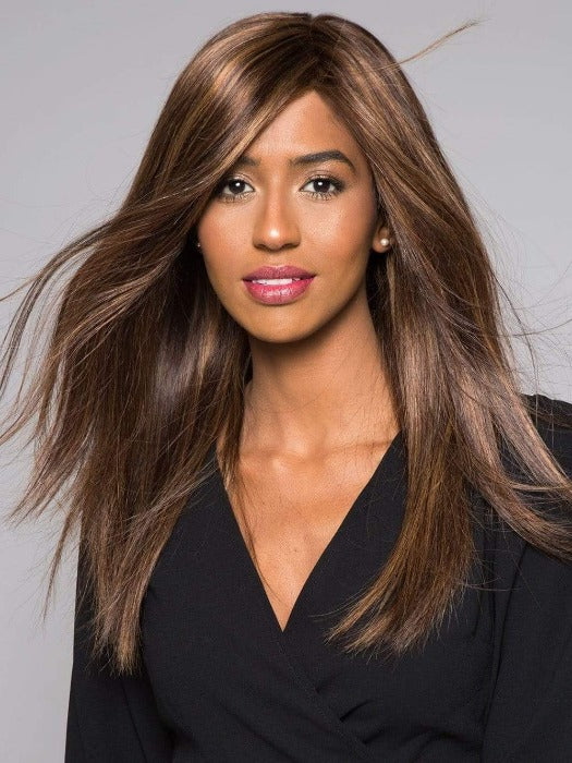 ANGIE by Jon Renau in FS6/30/27 TOFFEE TRUFFLE | Brown, Medium Red-Gold, Medium Red-Gold Blonde Blend with Medium Gold Blonde Bold Highlights (This piece has been styled)