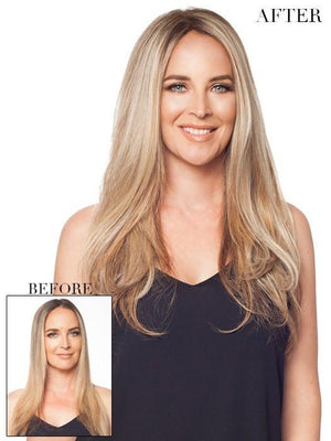 Get instant coverage and fullness with a hair topper