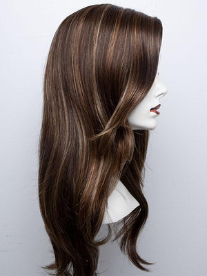 ALMOND ROCKA R | Rooted Dark Golden Brown base color with Strawberry Blonde and Bright Cooper evenly blended highlights