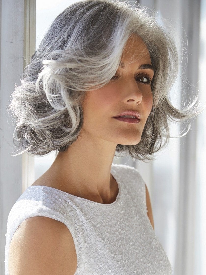 AMAL by Rene of Paris in SILVER-STONE | Medium Brown and Silver blend that transitions to more Silver Light Ash Brown to Silver Bangs